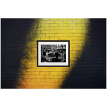 Framed Black & White Photo Print Poster "Coffee break in Stockholm" on black and yellow brick wall.  Ferrari 275GTB. Photography by Jacob Sellström. Printed on matte paper with wooden frame. Two sizes: 8x10, 12x16.