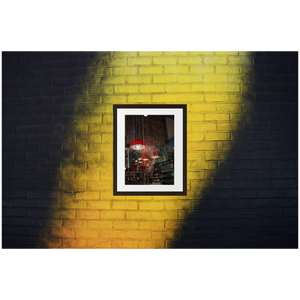 Framed Photo Print Poster "Japanese Vibes" on a black and yellow brick wall. Shows a shop wih Japanese interior design. Shot in Södermalm, Stockholm. Photography by Jacob Sellström. Printed on matte paper with wooden frame. Two sizes: 8x10, 12x16.