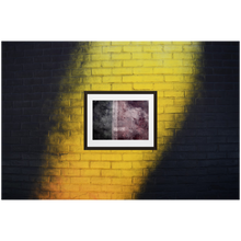 Framed Photo Print Poster "Tennis Court" on black & yellow brick wall. Rain water sky and clouds reflection on wet tennis court. Moody Photography by Jacob Sellström. Printed on matte paper with wooden frame. Two sizes: 8x10, 12x16.