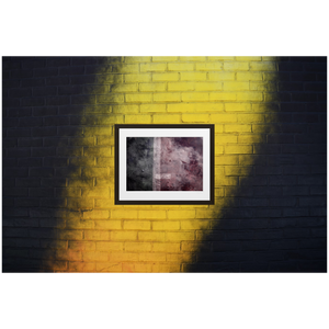 Framed Photo Print Poster "Tennis Court" on black & yellow brick wall. Rain water sky and clouds reflection on wet tennis court. Moody Photography by Jacob Sellström. Printed on matte paper with wooden frame. Two sizes: 8x10, 12x16.