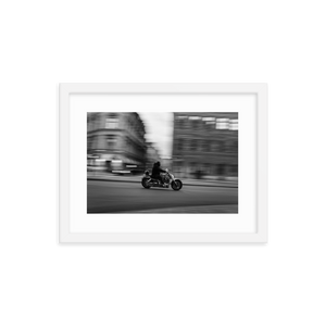 Framed Black & White Photo Print Poster "Tunnel Vision". Motorcycle panning shot in Stockholm, Sweden. Photography by Jacob Sellström. Printed on matte paper with wooden frame. Two sizes: 8x10, 12x16.