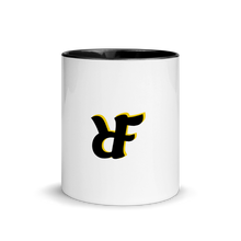 White ceramic "RIF" Roast In Focus Logo Coffee mug. Black & yellow design. 11oz cup with colored rim.