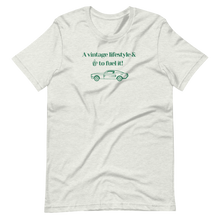 Ash grey "A vintage lifestyle & coffee to fuel it!" motto t-shirt. Old school green design. Comfortable cotton unisex tee by Roast In Focus.