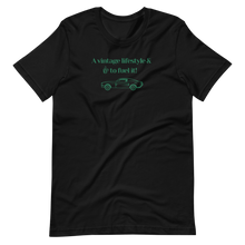 Black "A vintage lifestyle & coffee to fuel it!" motto t-shirt. Old school green design. Comfortable cotton unisex tee by Roast In Focus.