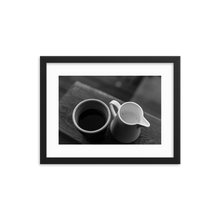 Framed Black & White Photo Print Poster "Yin & Yang". Shows coffee and milk as ying and yang. Photography by Jacob Sellström. Printed on matte paper with wooden frame. Two sizes: 8x10, 12x16.