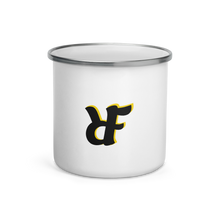 White enamel "RIF" Roast In Focus Logo Coffee mug. Black & yellow design. 13oz cup, durable, lightweight bring into nature.