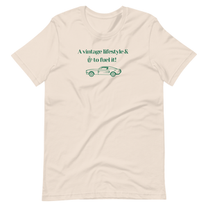 Off White "A vintage lifestyle & coffee to fuel it!" motto t-shirt. Old school green design. Comfortable cotton unisex tee by Roast In Focus.