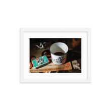 Framed Photo Print Poster "It's Coffee Time!". Shows a vintage enamel coffee mug. Photography by Jacob Sellström. Printed on matte paper with wooden frame. Two sizes: 8x10, 12x16.