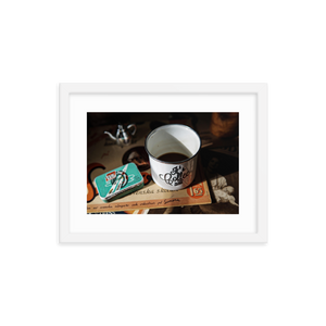 Framed Photo Print Poster "It's Coffee Time!". Shows a vintage enamel coffee mug. Photography by Jacob Sellström. Printed on matte paper with wooden frame. Two sizes: 8x10, 12x16.