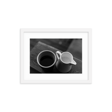 Framed Black & White Photo Print Poster "Yin & Yang". Shows coffee and milk as ying and yang. Photography by Jacob Sellström. Printed on matte paper with wooden frame. Two sizes: 8x10, 12x16.