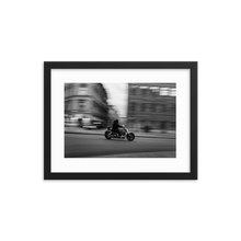 Framed Black & White Photo Print Poster "Tunnel Vision". Motorcycle panning shot in Stockholm, Sweden. Photography by Jacob Sellström. Printed on matte paper with wooden frame. Two sizes: 8x10, 12x16.