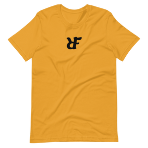 Mustard yellow t-shirt with "RIF" Roast In Focus logo. Comfortable cotton. Sizes S-XL. Logo collection.