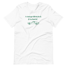 White "A vintage lifestyle & coffee to fuel it!" motto t-shirt. Old school green design. Comfortable cotton unisex tee by Roast In Focus.