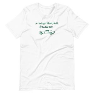 White "A vintage lifestyle & coffee to fuel it!" motto t-shirt. Old school green design. Comfortable cotton unisex tee by Roast In Focus.