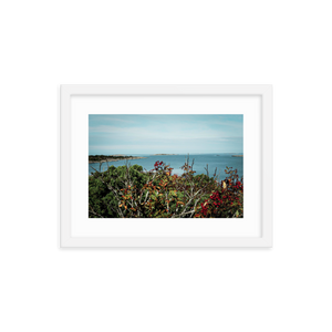 Framed Photo Print Poster "Swedish Archipelago". Shows beautiful views of the archipelago of Gothenburg, shot from a vantage point. Photography by Jacob Sellström. Printed on matte paper with wooden frame. Two sizes: 8x10, 12x16.