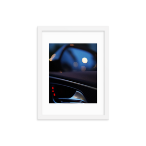 Framed Photo Print Poster "RS6 Blurr". Shows a bokeh version of the inside of a Audi RS6 door. Moody Photography by Jacob Sellström. Printed on matte paper with wooden frame. Two sizes: 8x10, 12x16.